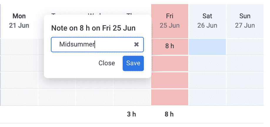 Omnitas Time Reporting Solution Holiday view